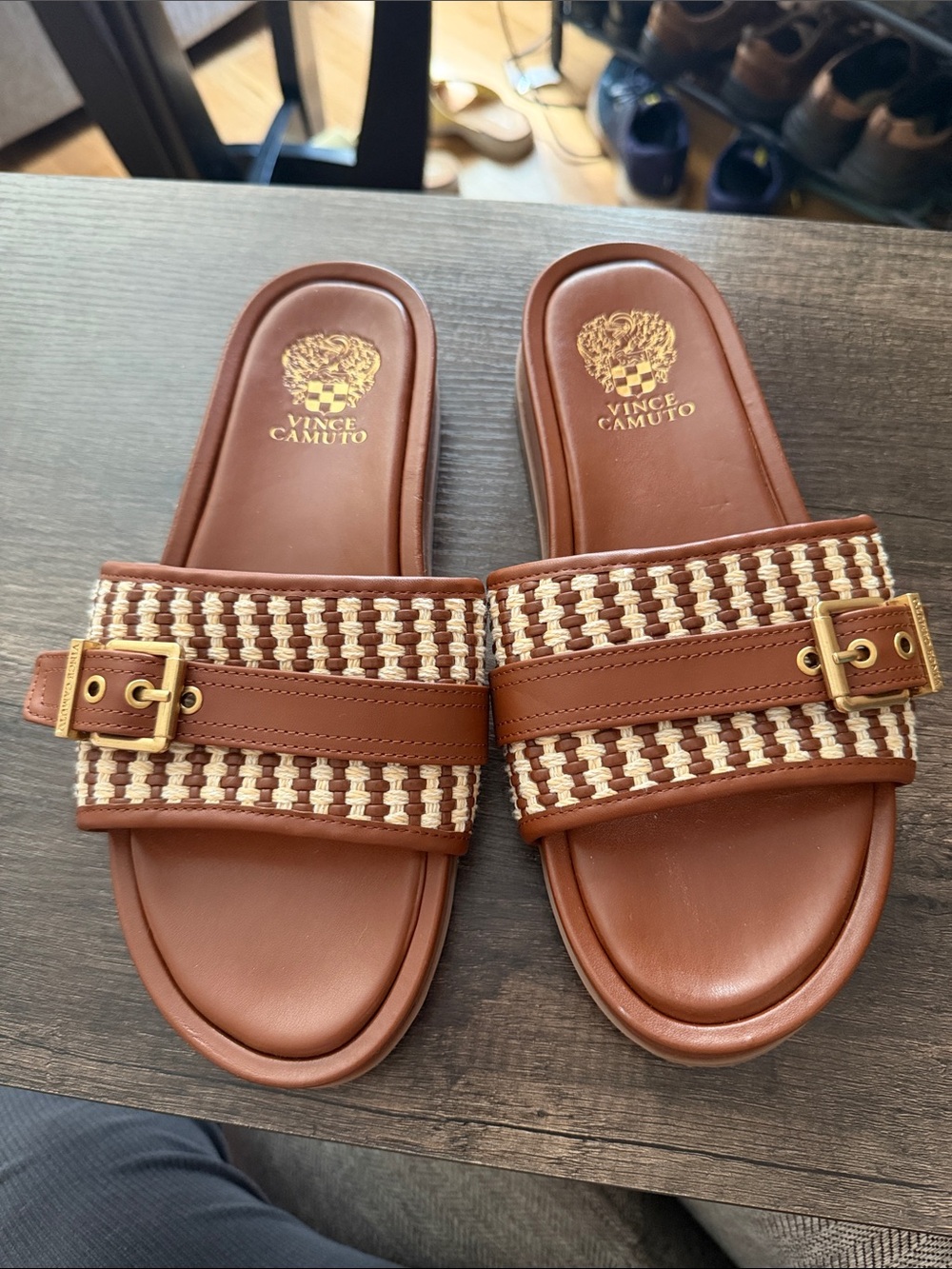 Vince Camuto Brown and Cream Woven Slide Sandals